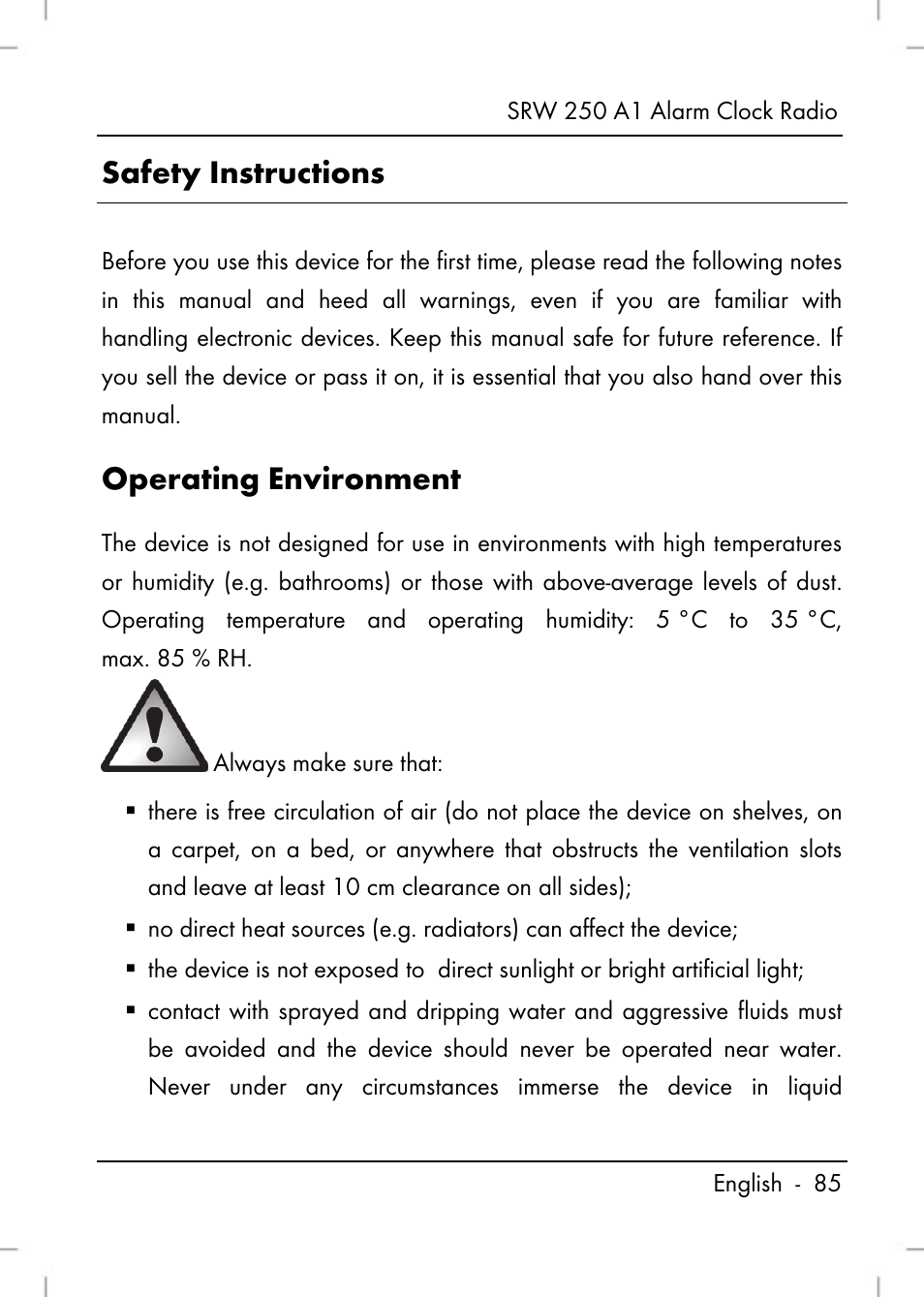 Safety instructions, Operating environment | Silvercrest SRW 250 A1 User Manual | Page 87 / 108