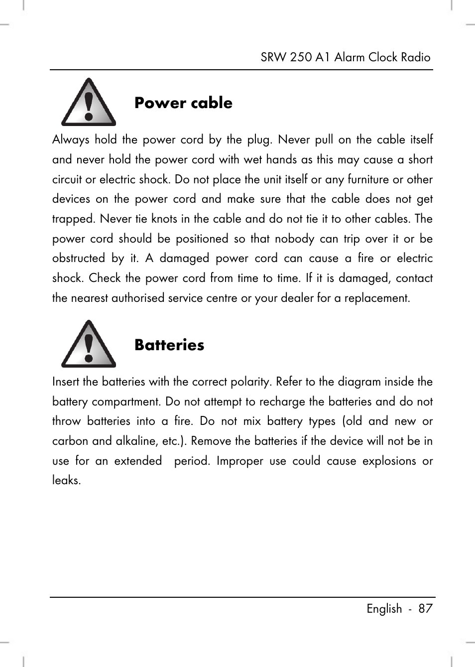Power cable, Batteries | Silvercrest SRW 250 A1 User Manual | Page 89 / 108