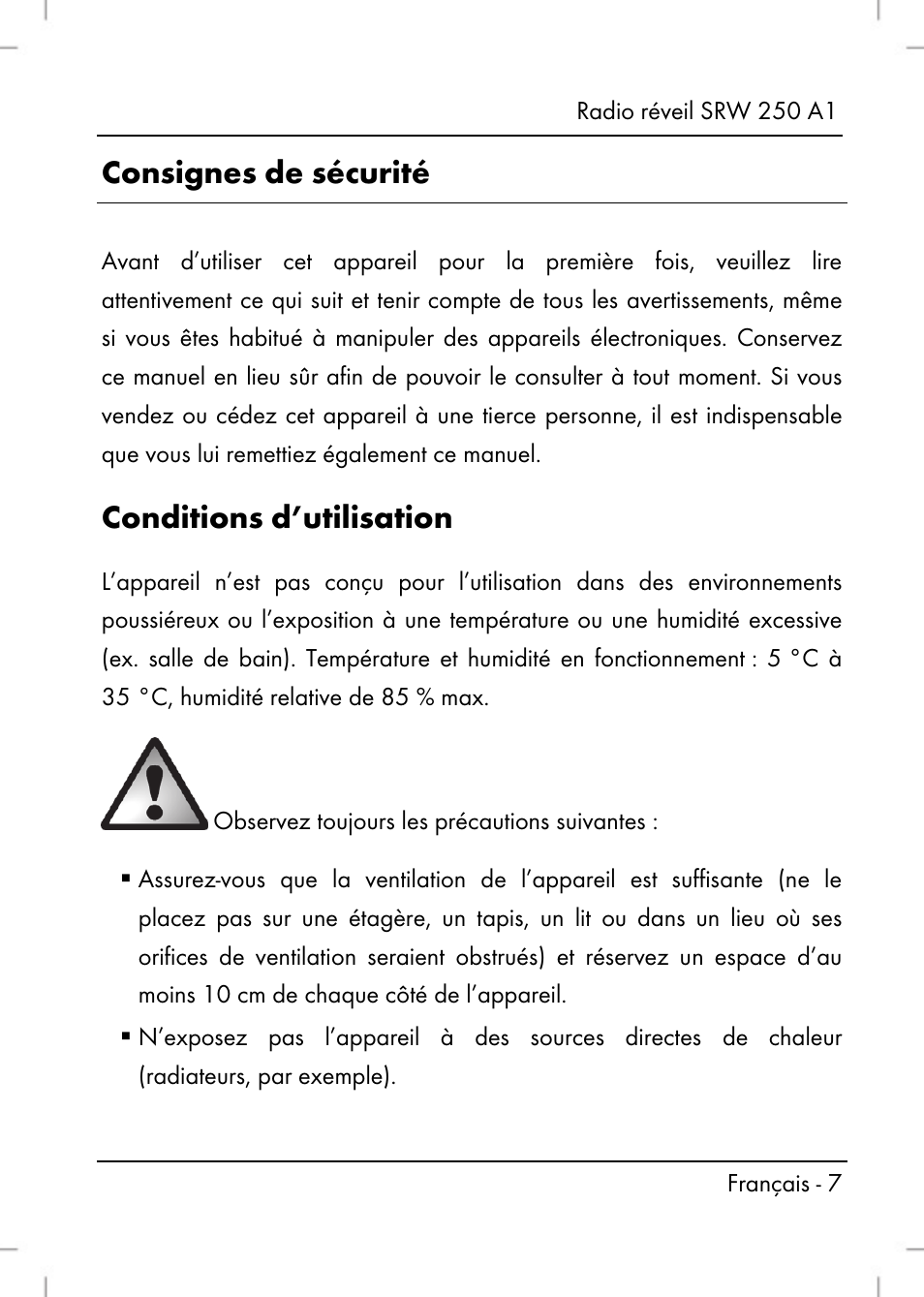 Consignes de sécurité, Conditions d’utilisation | Silvercrest SRW 250 A1 User Manual | Page 9 / 108