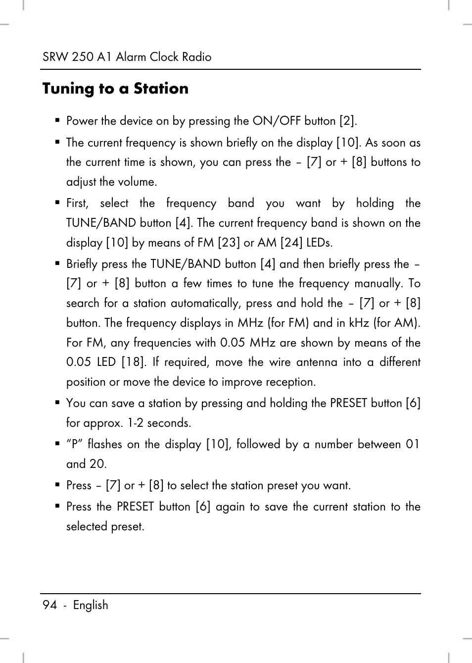 Tuning to a station | Silvercrest SRW 250 A1 User Manual | Page 96 / 108