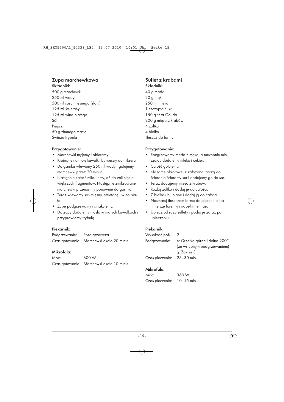 Zupa marchewkowa, Suflet z krabami | Silvercrest SKM 550 A1 User Manual | Page 16 / 84