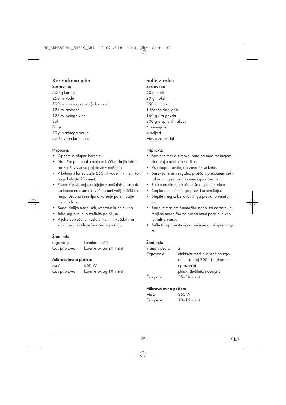 Korenčkova juha, Sufle z rakci | Silvercrest SKM 550 A1 User Manual | Page 40 / 84