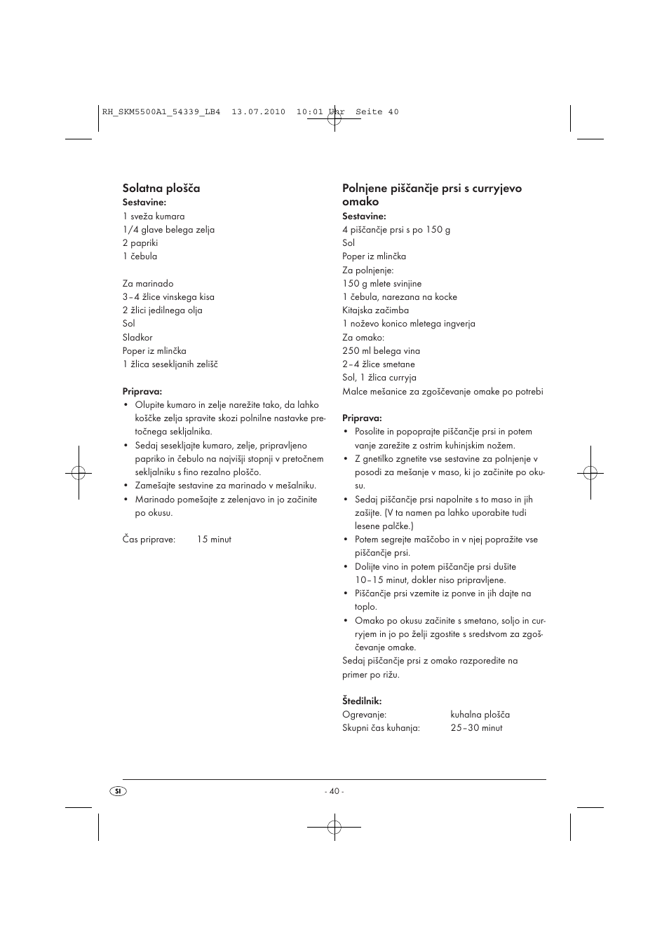 Solatna plošča, Polnjene piščančje prsi s curryjevo omako | Silvercrest SKM 550 A1 User Manual | Page 41 / 84