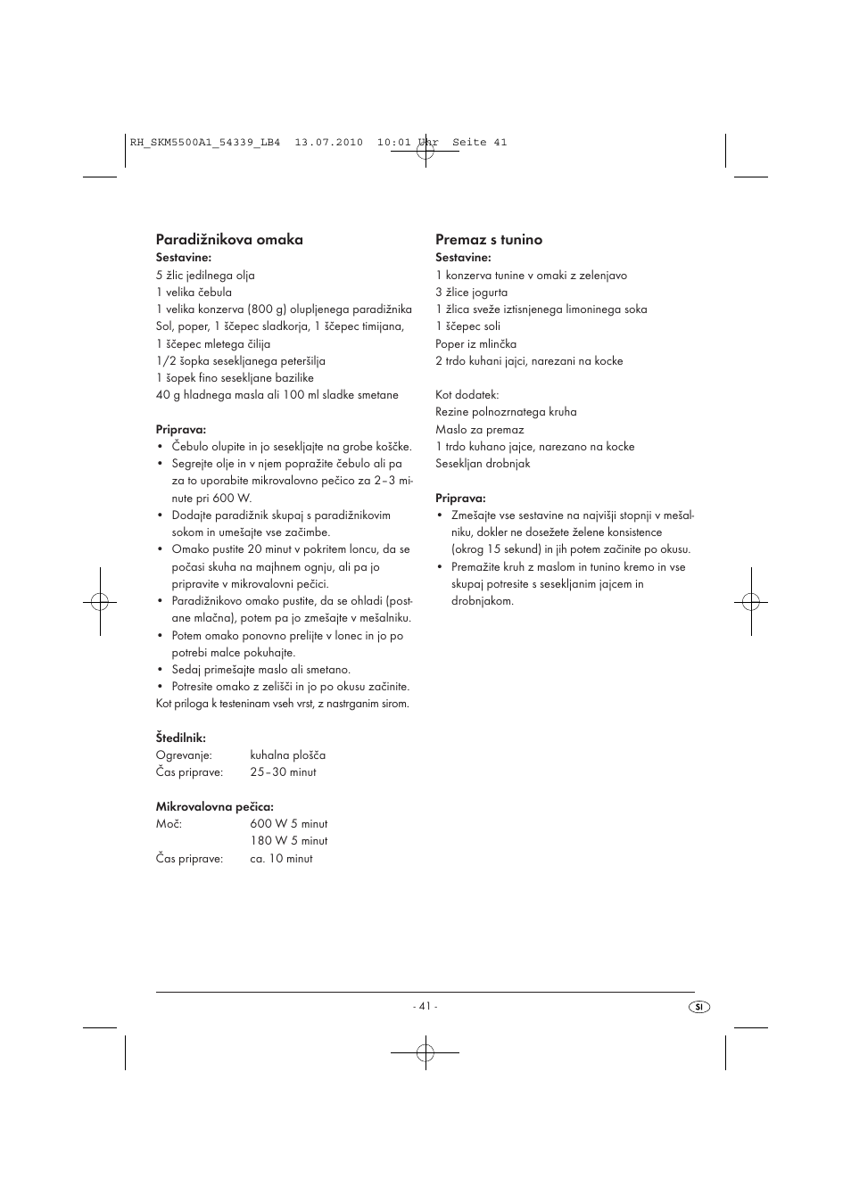 Paradižnikova omaka, Premaz s tunino | Silvercrest SKM 550 A1 User Manual | Page 42 / 84