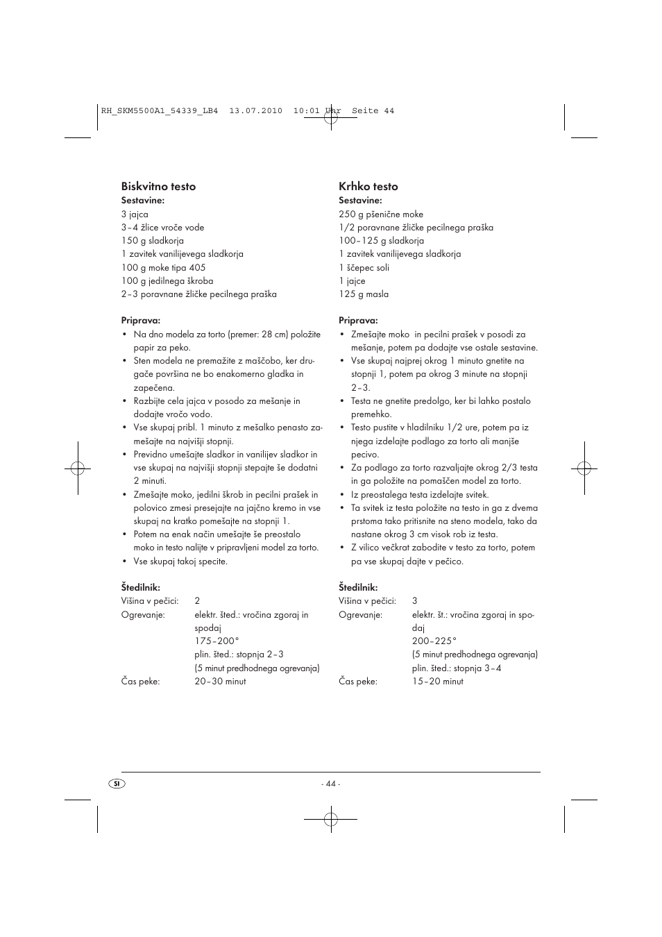 Biskvitno testo, Krhko testo | Silvercrest SKM 550 A1 User Manual | Page 45 / 84