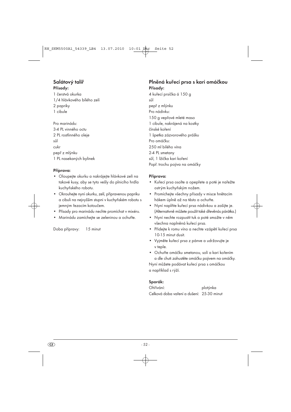 Salátový talíř, Plněná kuřecí prsa s kari omáčkou | Silvercrest SKM 550 A1 User Manual | Page 53 / 84