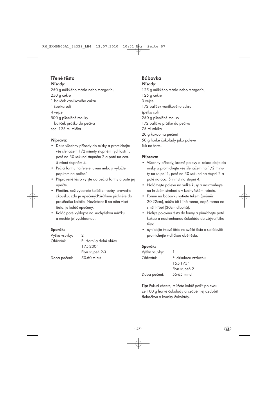 Třené těsto, Bábovka | Silvercrest SKM 550 A1 User Manual | Page 58 / 84