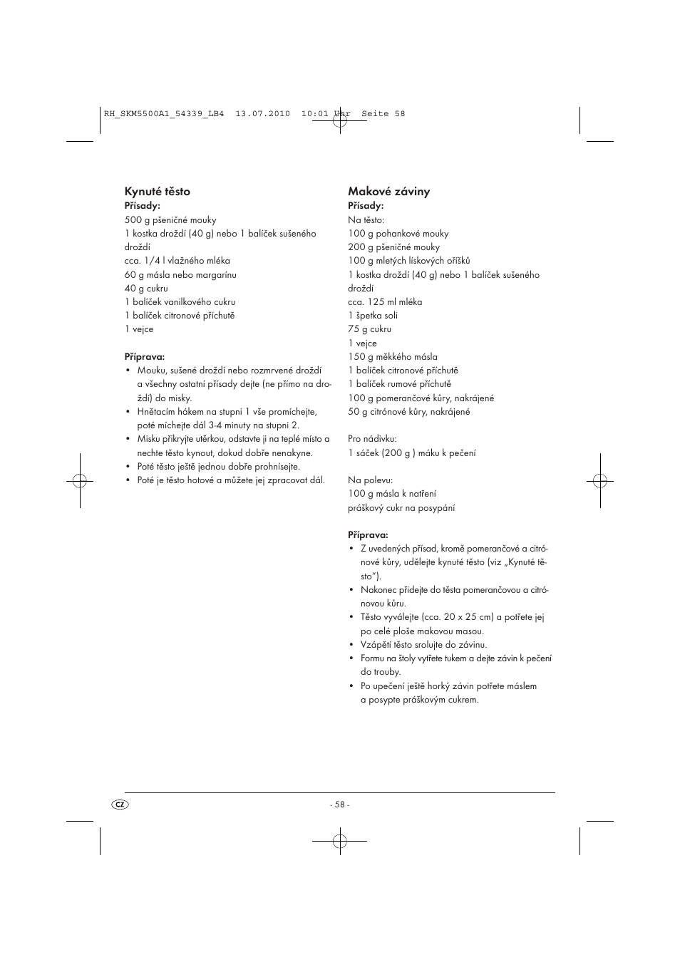 Kynuté těsto, Makové záviny | Silvercrest SKM 550 A1 User Manual | Page 59 / 84