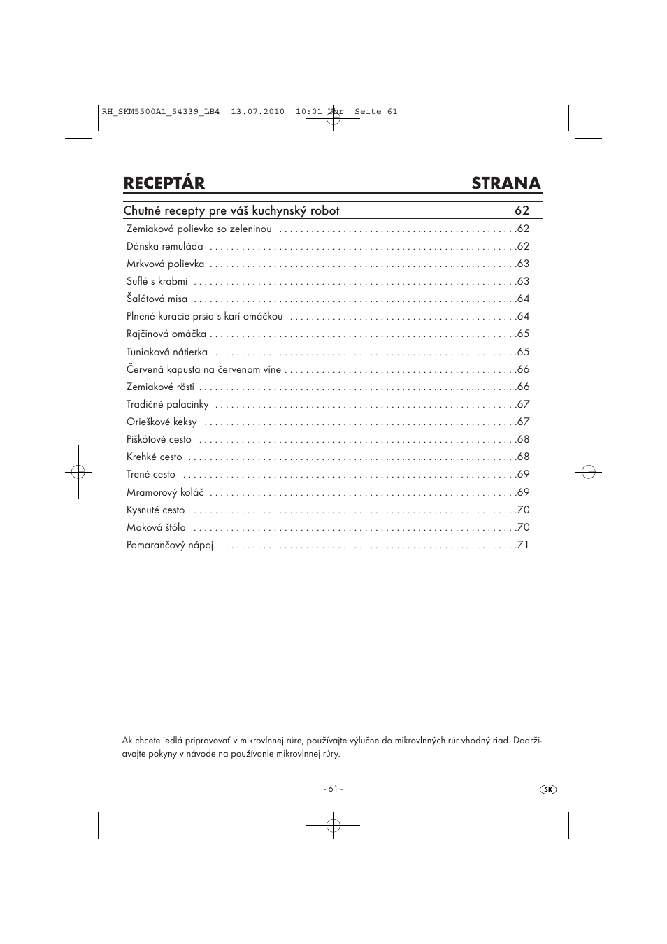 Receptár strana, Chutné recepty pre váš kuchynský robot 62 | Silvercrest SKM 550 A1 User Manual | Page 62 / 84