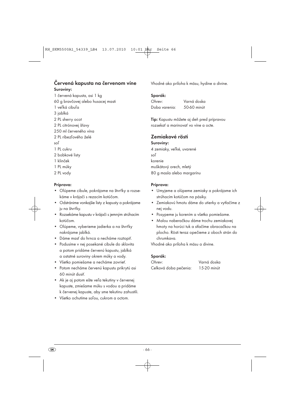 Červená kapusta na červenom víne, Zemiakové rösti | Silvercrest SKM 550 A1 User Manual | Page 67 / 84