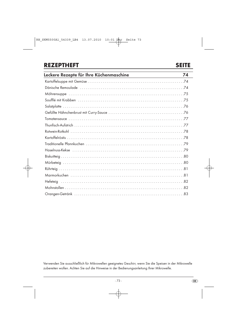 Rezeptheft seite, Leckere rezepte für ihre küchenmaschine 74 | Silvercrest SKM 550 A1 User Manual | Page 74 / 84