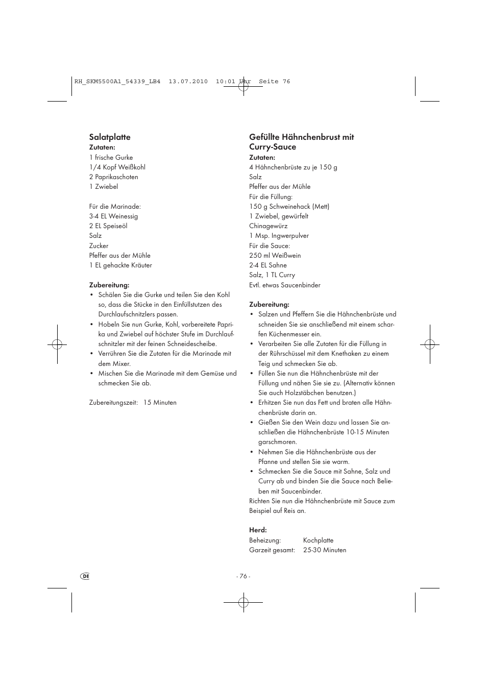 Salatplatte, Gefüllte hähnchenbrust mit curry-sauce | Silvercrest SKM 550 A1 User Manual | Page 77 / 84