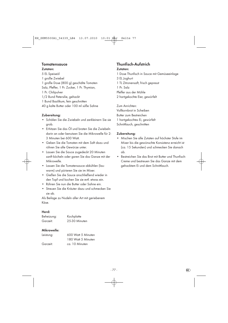 Tomatensauce, Thunfisch-aufstrich | Silvercrest SKM 550 A1 User Manual | Page 78 / 84