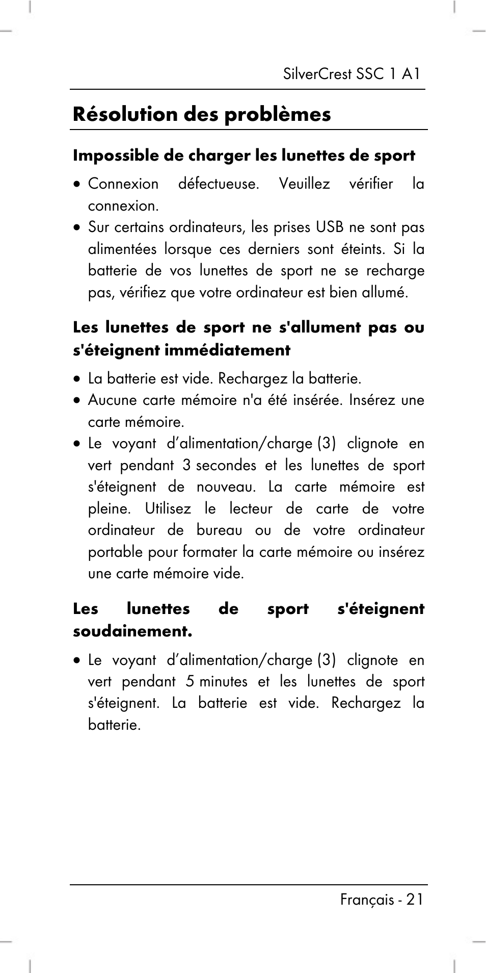 Résolution des problèmes | Silvercrest SSC 1 A1 User Manual | Page 23 / 74