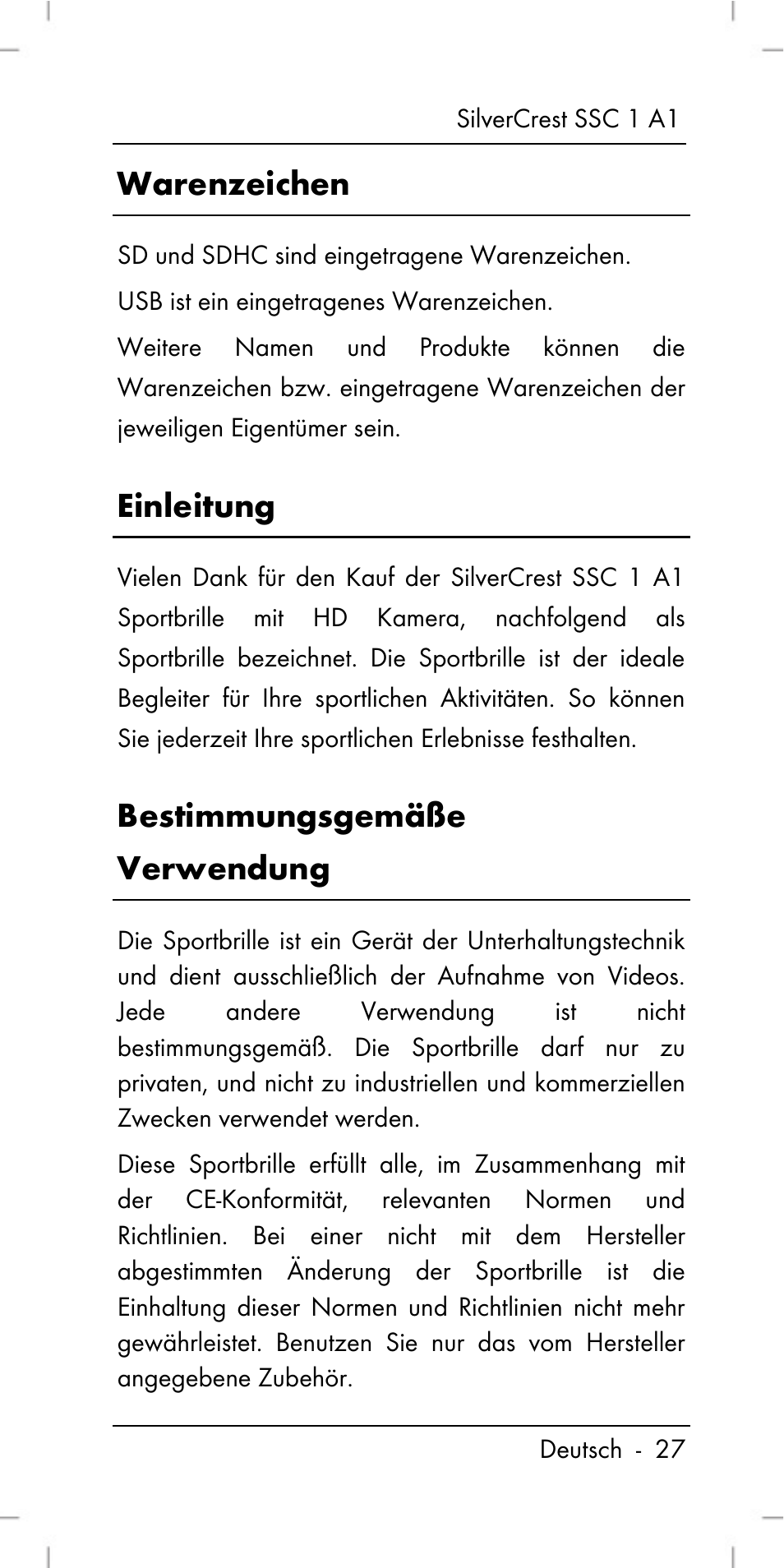 Warenzeichen, Einleitung, Bestimmungsgemäße verwendung | Silvercrest SSC 1 A1 User Manual | Page 29 / 74