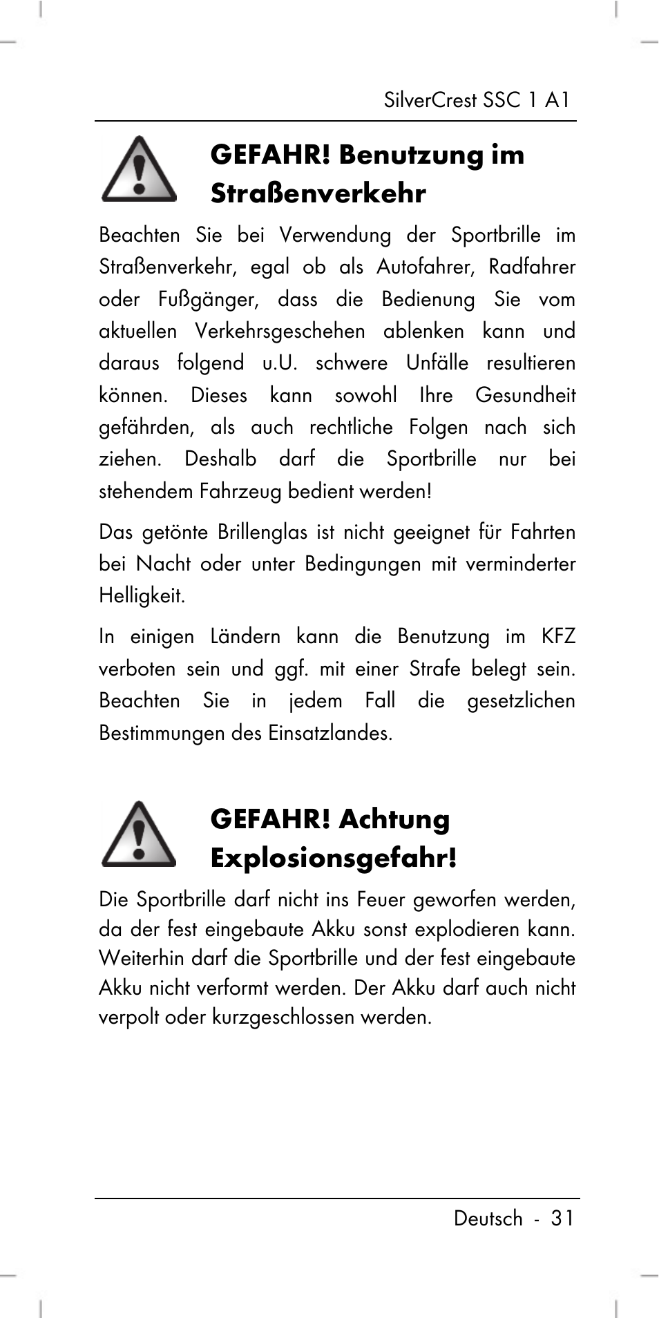 Gefahr! benutzung im straßenverkehr, Gefahr! achtung explosionsgefahr | Silvercrest SSC 1 A1 User Manual | Page 33 / 74