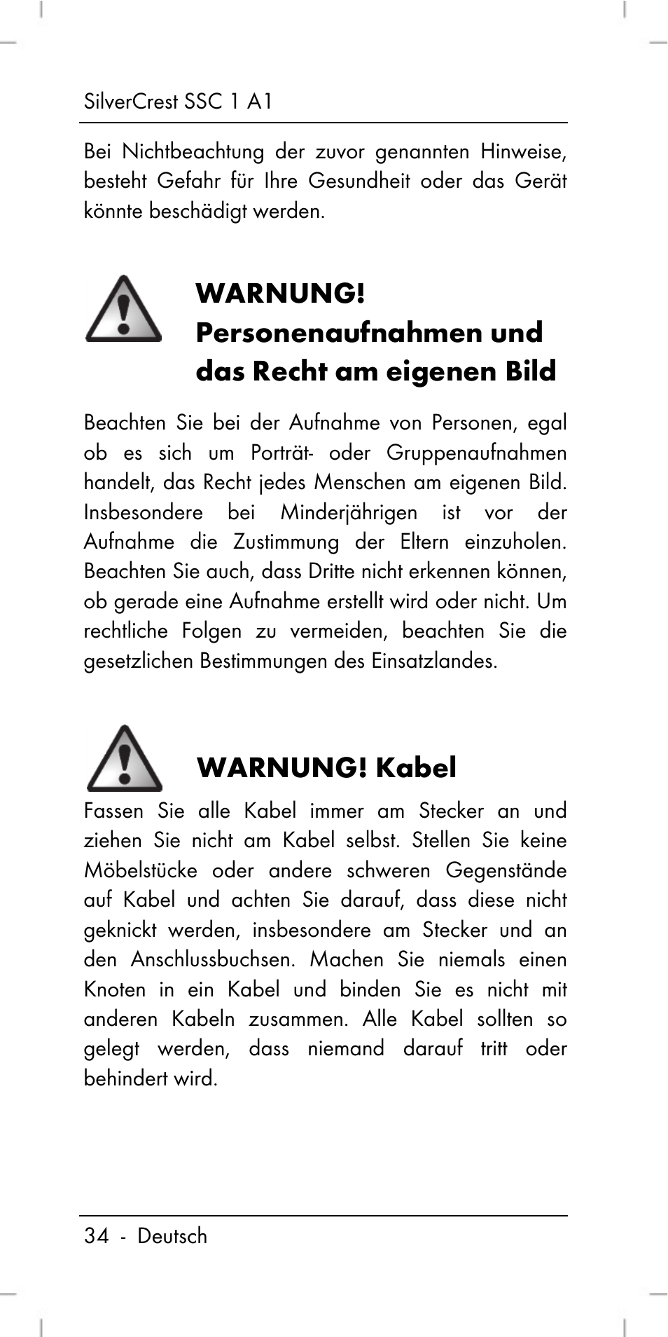 Warnung! kabel | Silvercrest SSC 1 A1 User Manual | Page 36 / 74