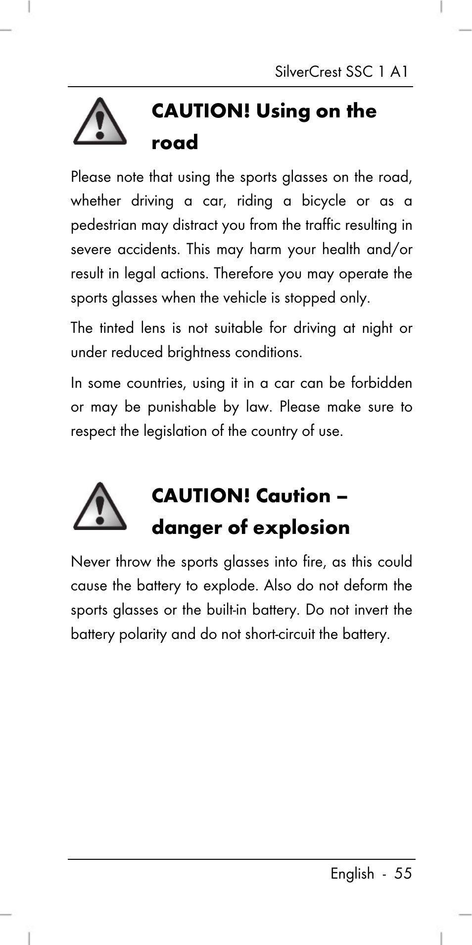 Caution! using on the road, Caution! caution – danger of explosion | Silvercrest SSC 1 A1 User Manual | Page 57 / 74