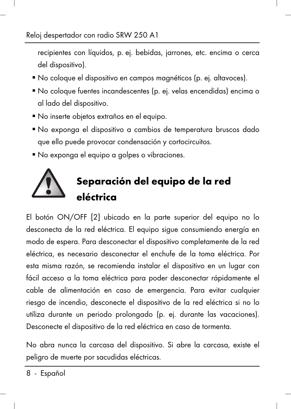 Separación del equipo de la red eléctrica | Silvercrest SRW 250 A1 User Manual | Page 10 / 108