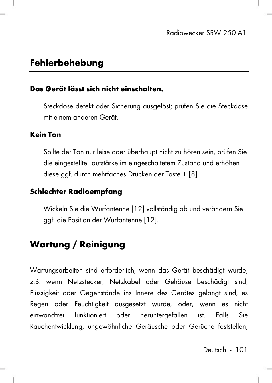 Fehlerbehebung, Wartung / reinigung | Silvercrest SRW 250 A1 User Manual | Page 103 / 108