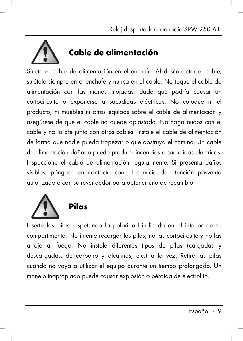 Cable de alimentación, Pilas | Silvercrest SRW 250 A1 User Manual | Page 11 / 108