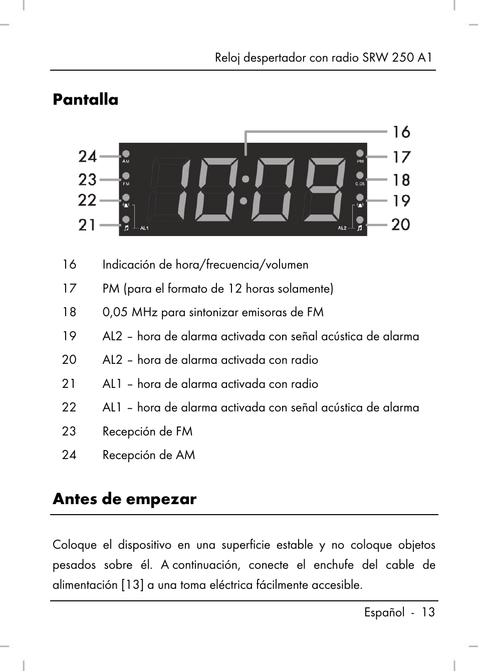 Pantalla, Antes de empezar | Silvercrest SRW 250 A1 User Manual | Page 15 / 108