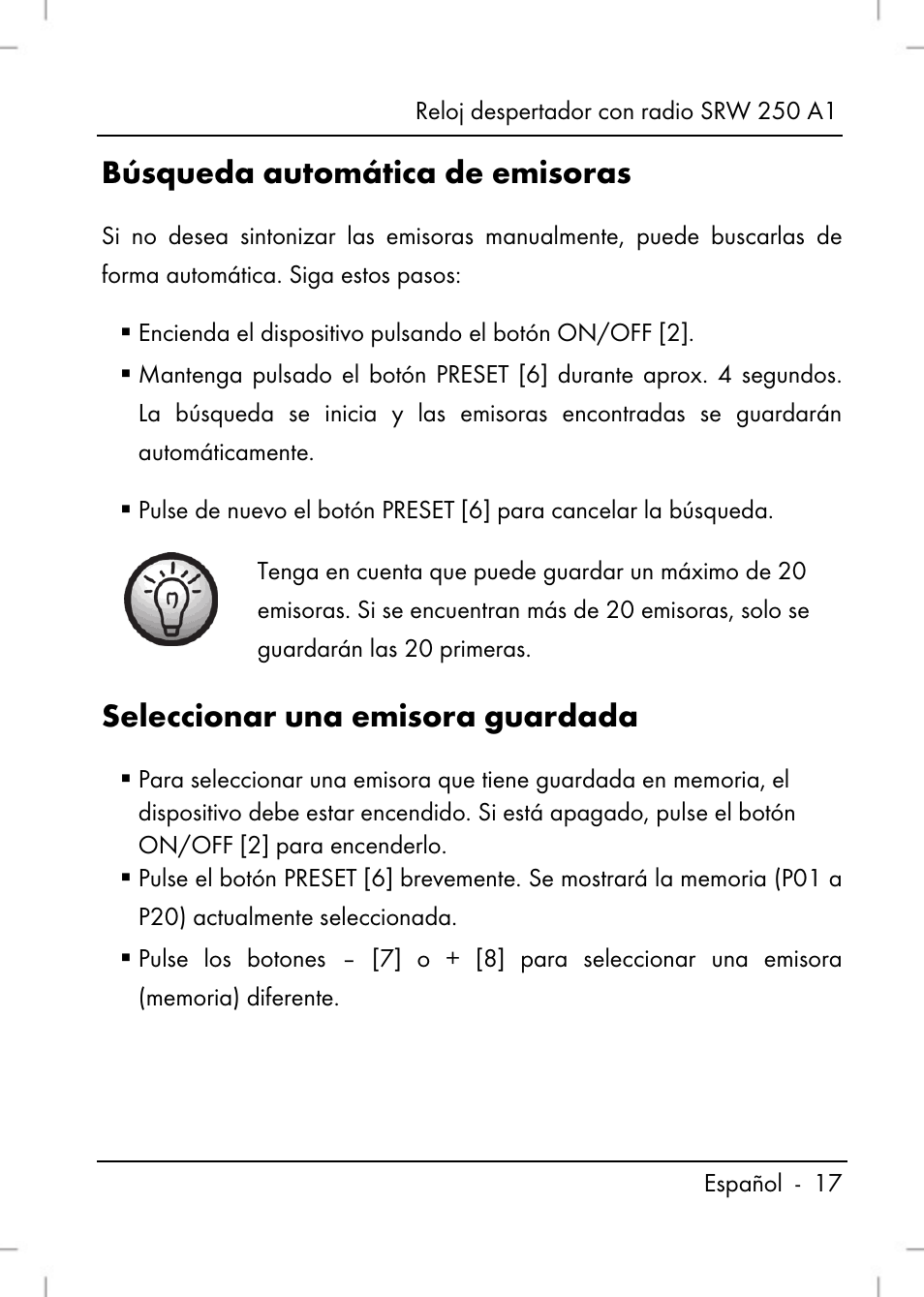 Búsqueda automática de emisoras, Seleccionar una emisora guardada | Silvercrest SRW 250 A1 User Manual | Page 19 / 108