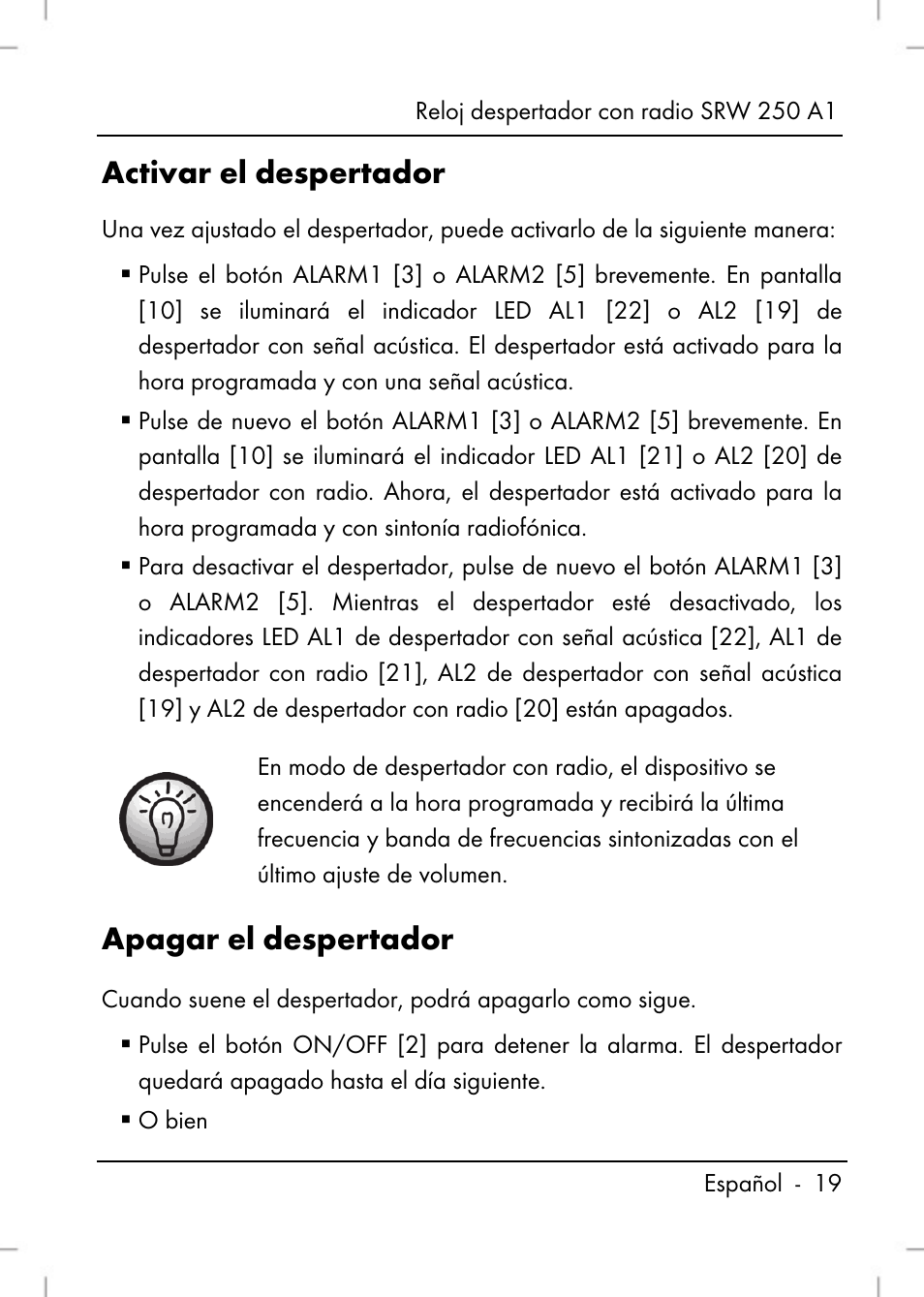 Activar el despertador, Apagar el despertador | Silvercrest SRW 250 A1 User Manual | Page 21 / 108