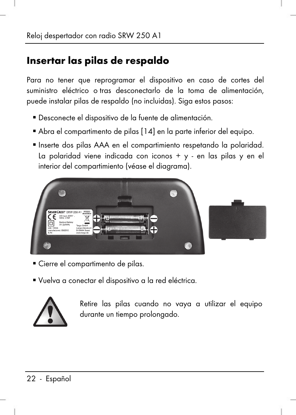 Insertar las pilas de respaldo | Silvercrest SRW 250 A1 User Manual | Page 24 / 108