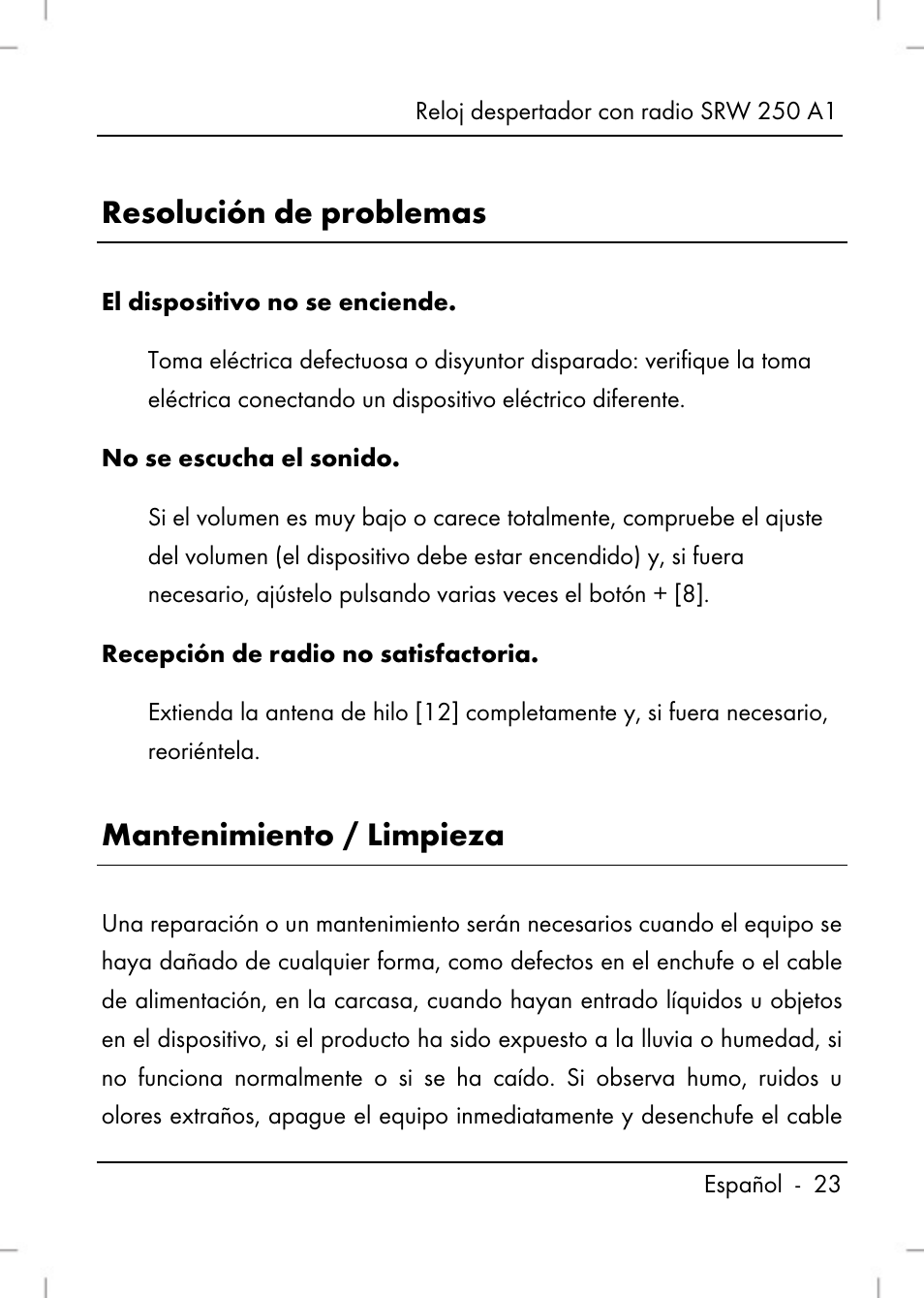 Resolución de problemas, Mantenimiento / limpieza | Silvercrest SRW 250 A1 User Manual | Page 25 / 108