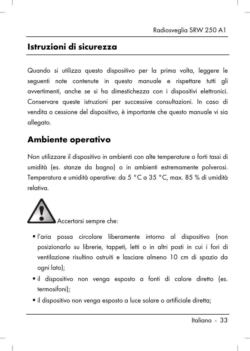 Istruzioni di sicurezza, Ambiente operativo | Silvercrest SRW 250 A1 User Manual | Page 35 / 108