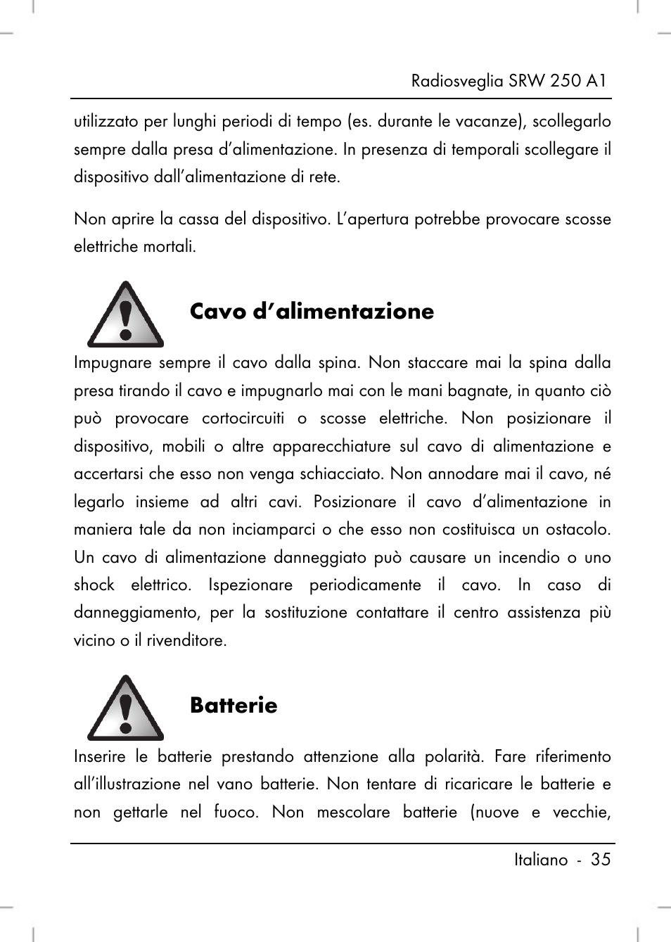 Cavo d’alimentazione, Batterie | Silvercrest SRW 250 A1 User Manual | Page 37 / 108