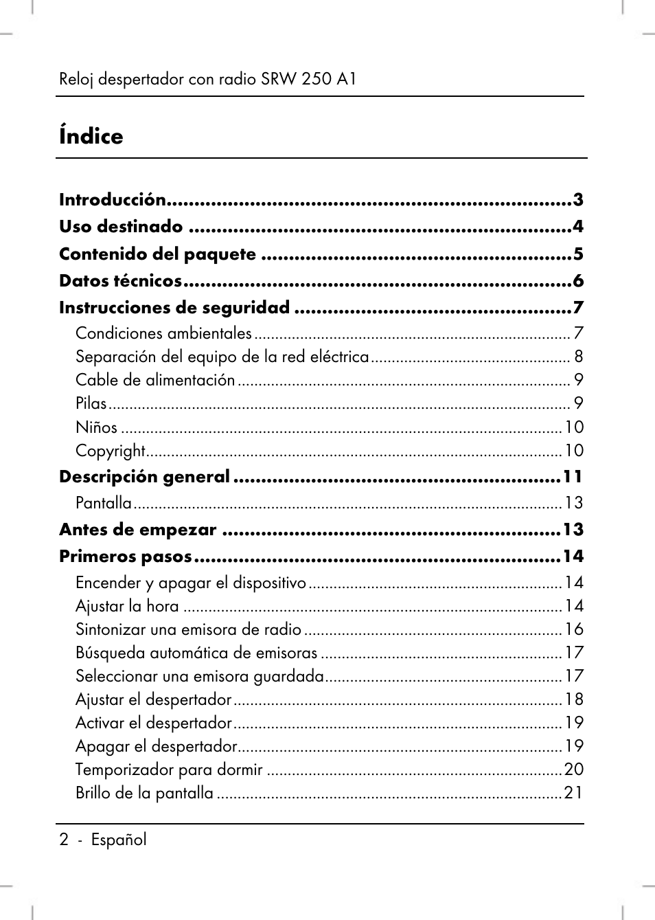 Índice | Silvercrest SRW 250 A1 User Manual | Page 4 / 108