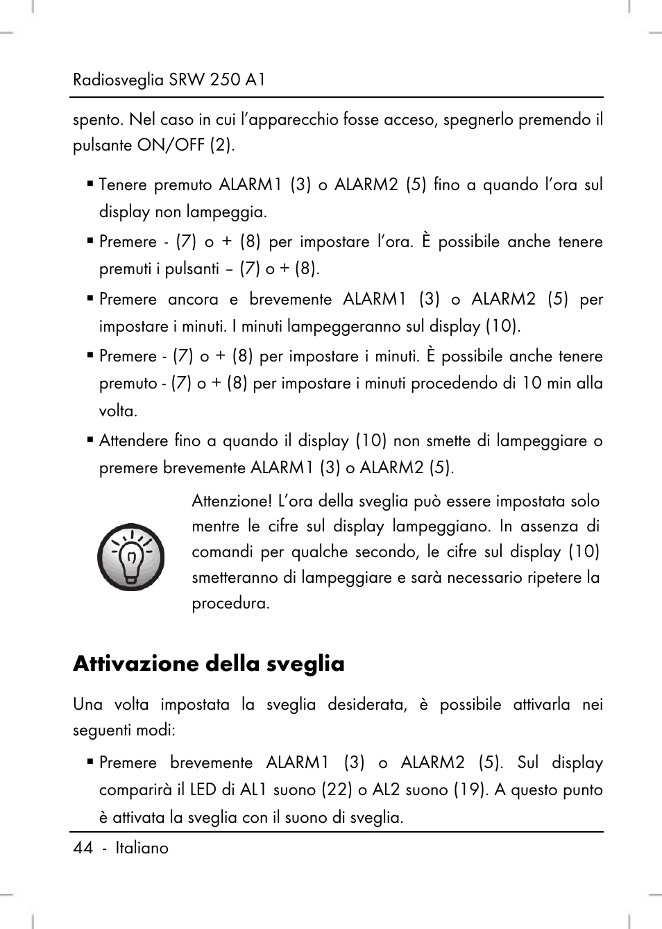 Attivazione della sveglia | Silvercrest SRW 250 A1 User Manual | Page 46 / 108