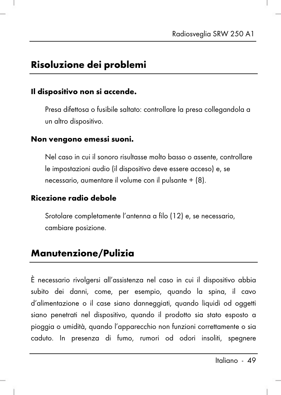 Risoluzione dei problemi, Manutenzione/pulizia | Silvercrest SRW 250 A1 User Manual | Page 51 / 108