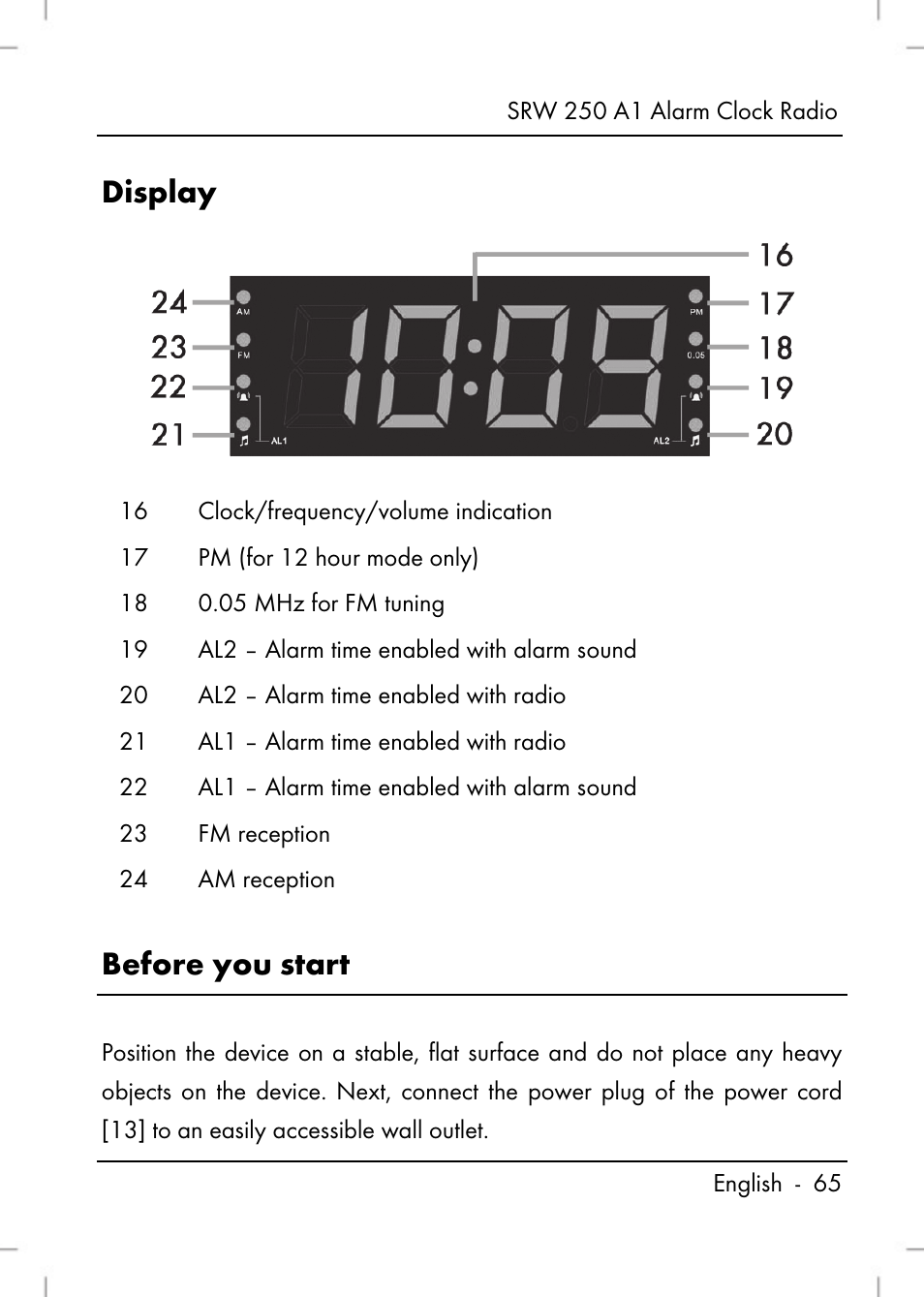 Display, Before you start | Silvercrest SRW 250 A1 User Manual | Page 67 / 108