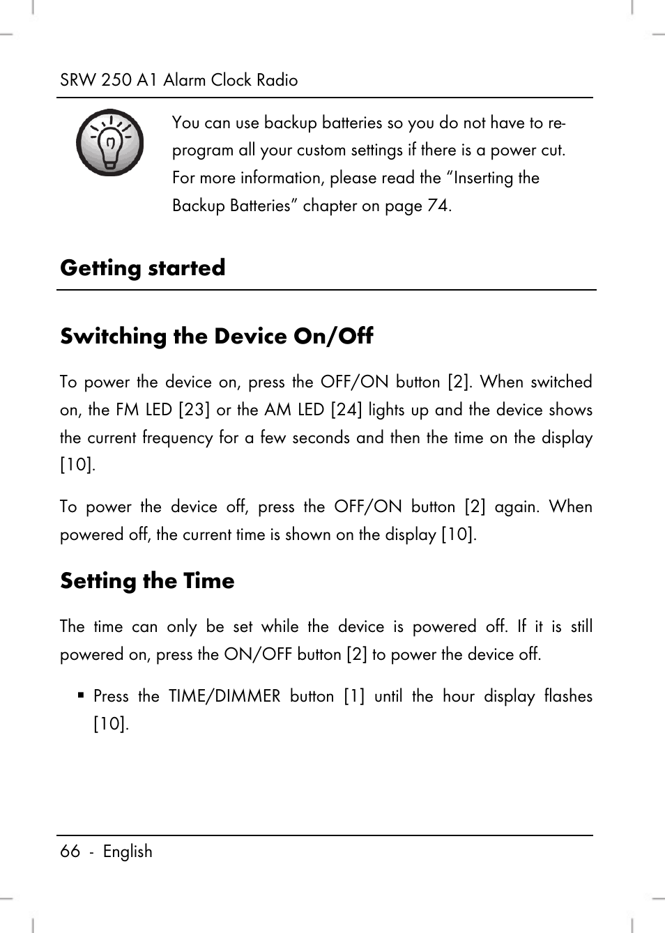 Getting started switching the device on/off, Setting the time | Silvercrest SRW 250 A1 User Manual | Page 68 / 108