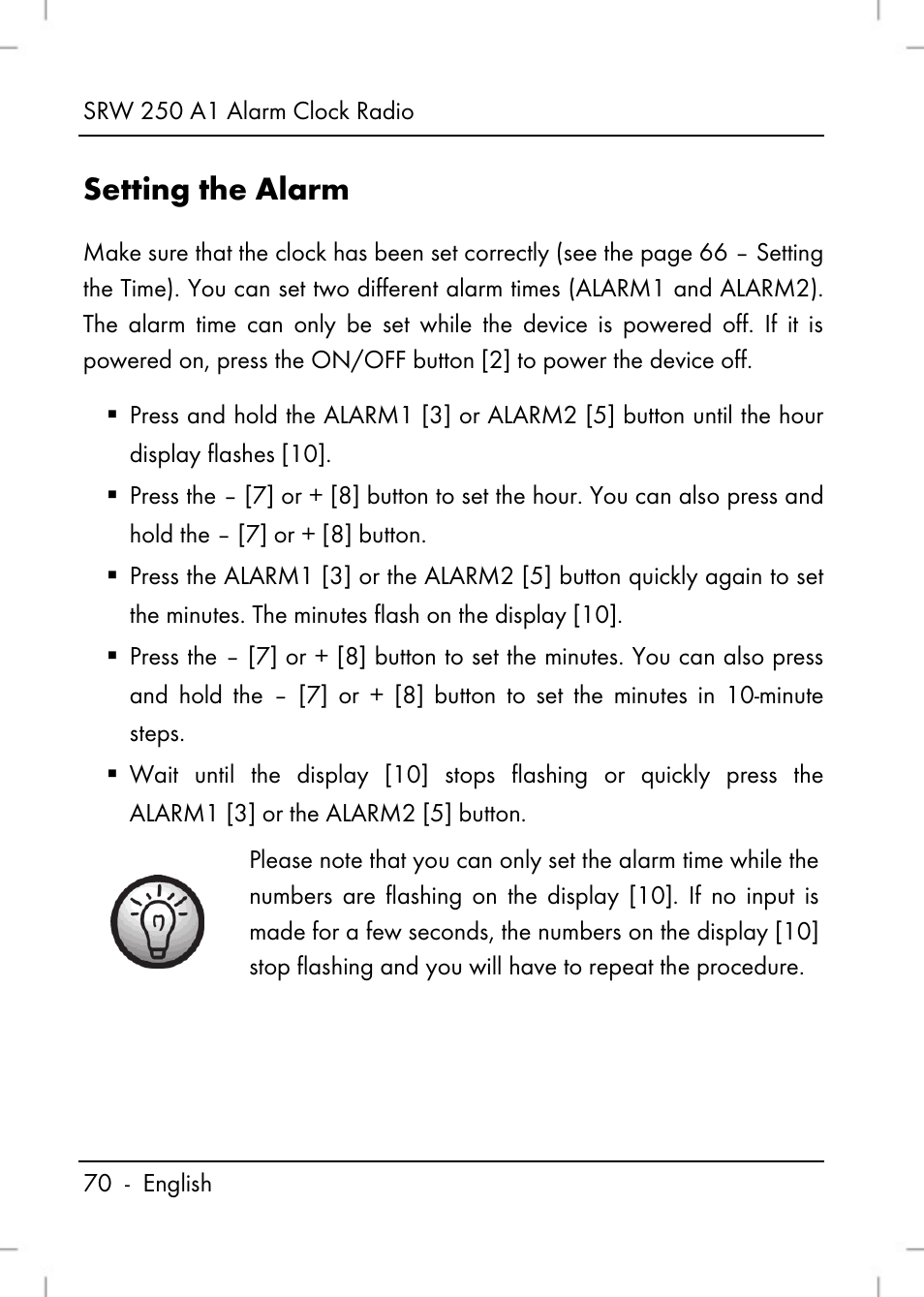 Setting the alarm | Silvercrest SRW 250 A1 User Manual | Page 72 / 108