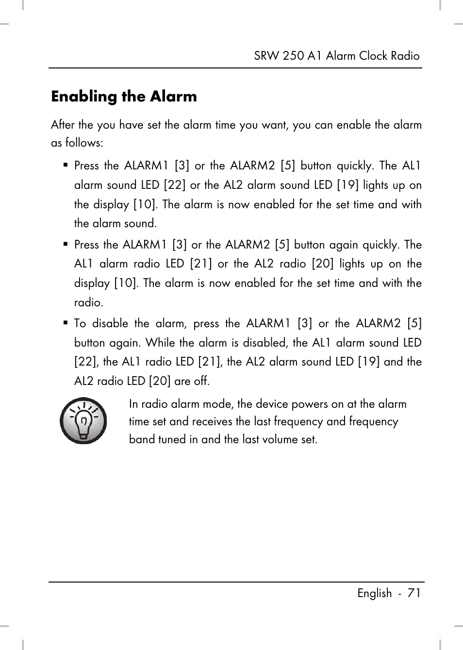 Enabling the alarm | Silvercrest SRW 250 A1 User Manual | Page 73 / 108