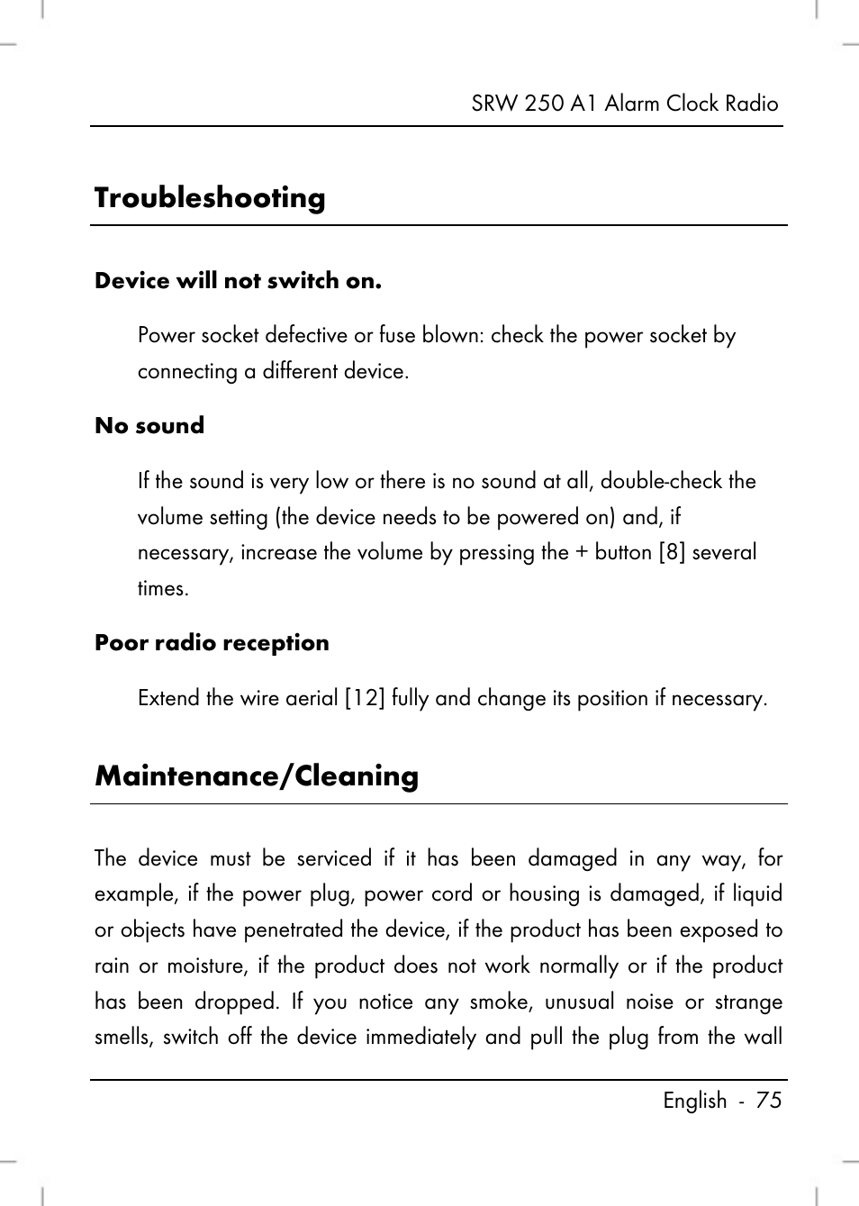 Troubleshooting, Maintenance/cleaning | Silvercrest SRW 250 A1 User Manual | Page 77 / 108