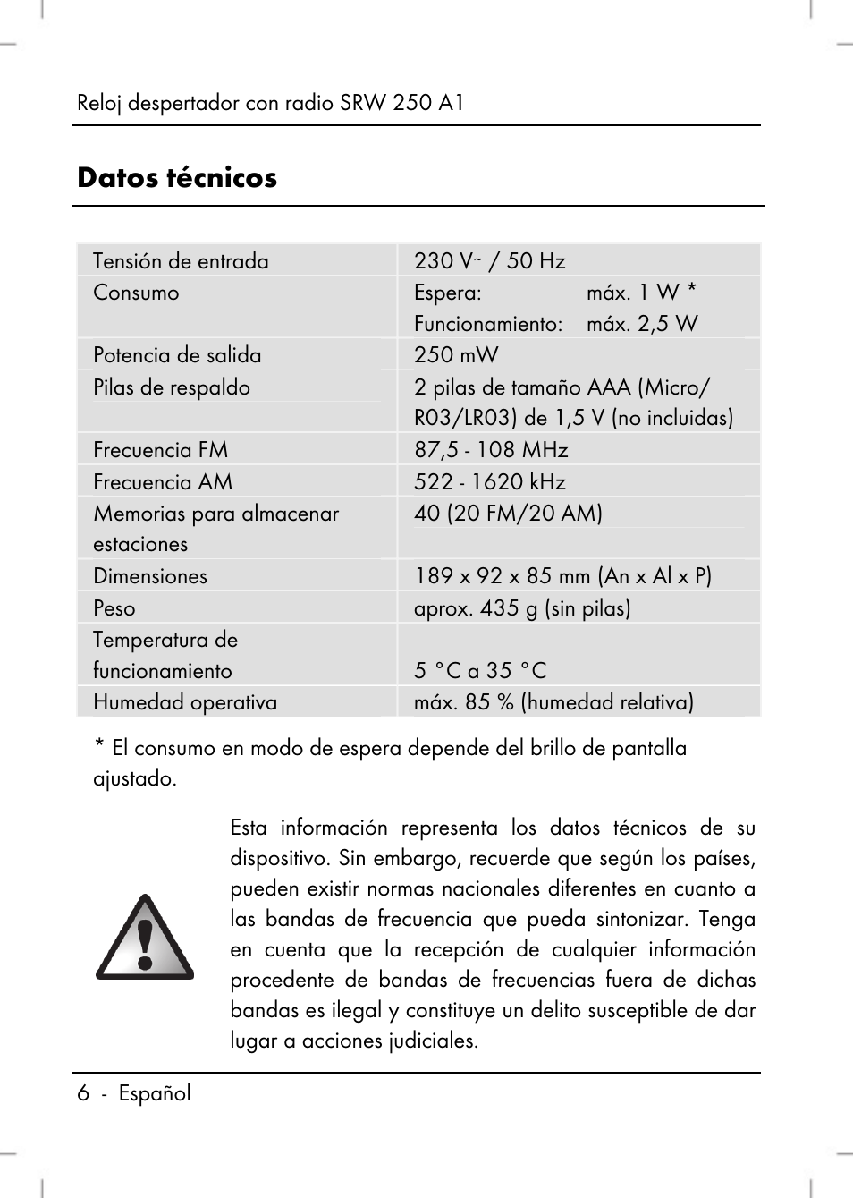 Datos técnicos | Silvercrest SRW 250 A1 User Manual | Page 8 / 108