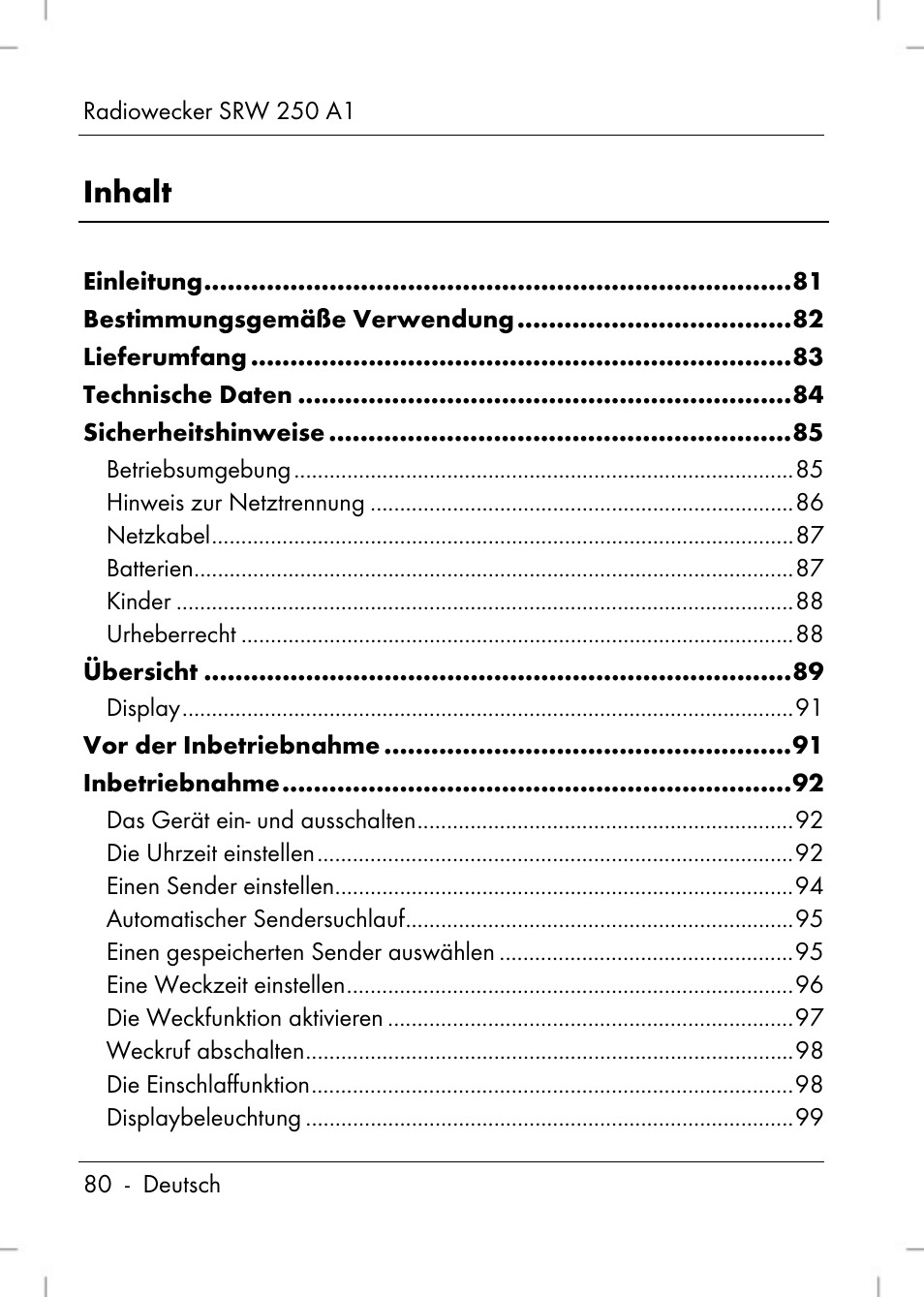 Inhalt | Silvercrest SRW 250 A1 User Manual | Page 82 / 108