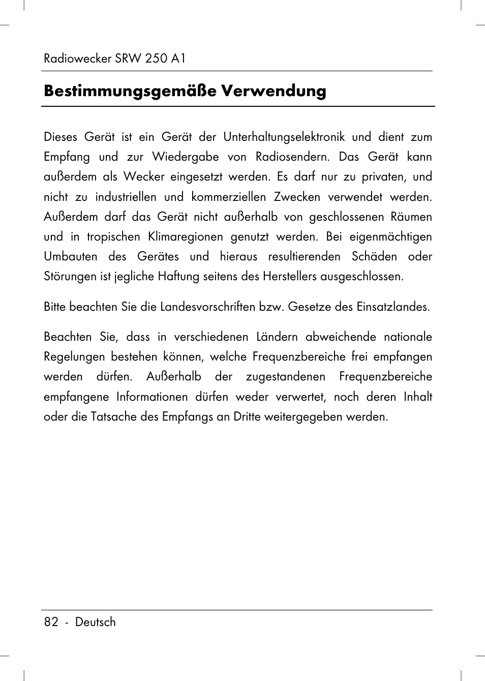 Bestimmungsgemäße verwendung | Silvercrest SRW 250 A1 User Manual | Page 84 / 108