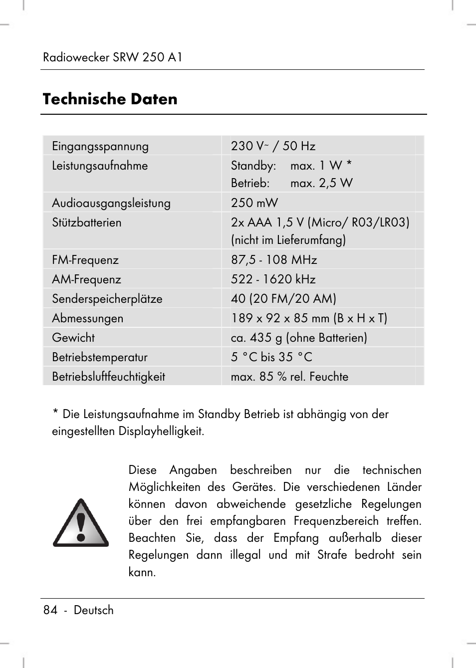 Technische daten | Silvercrest SRW 250 A1 User Manual | Page 86 / 108