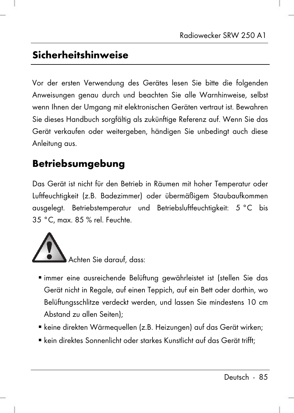 Sicherheitshinweise, Betriebsumgebung | Silvercrest SRW 250 A1 User Manual | Page 87 / 108