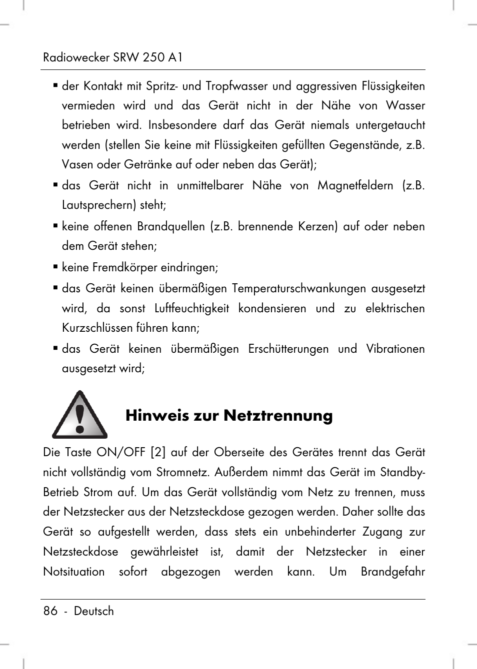 Hinweis zur netztrennung | Silvercrest SRW 250 A1 User Manual | Page 88 / 108