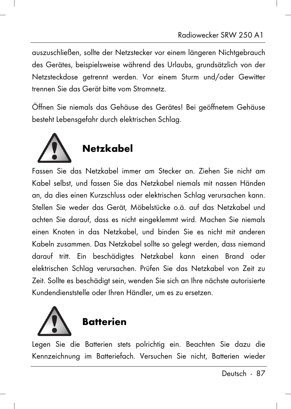 Netzkabel, Batterien | Silvercrest SRW 250 A1 User Manual | Page 89 / 108