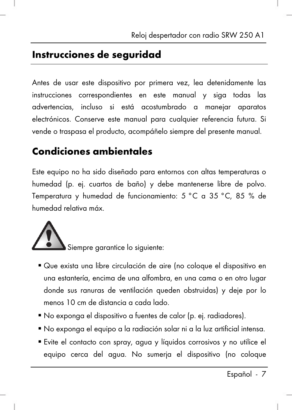 Instrucciones de seguridad, Condiciones ambientales | Silvercrest SRW 250 A1 User Manual | Page 9 / 108