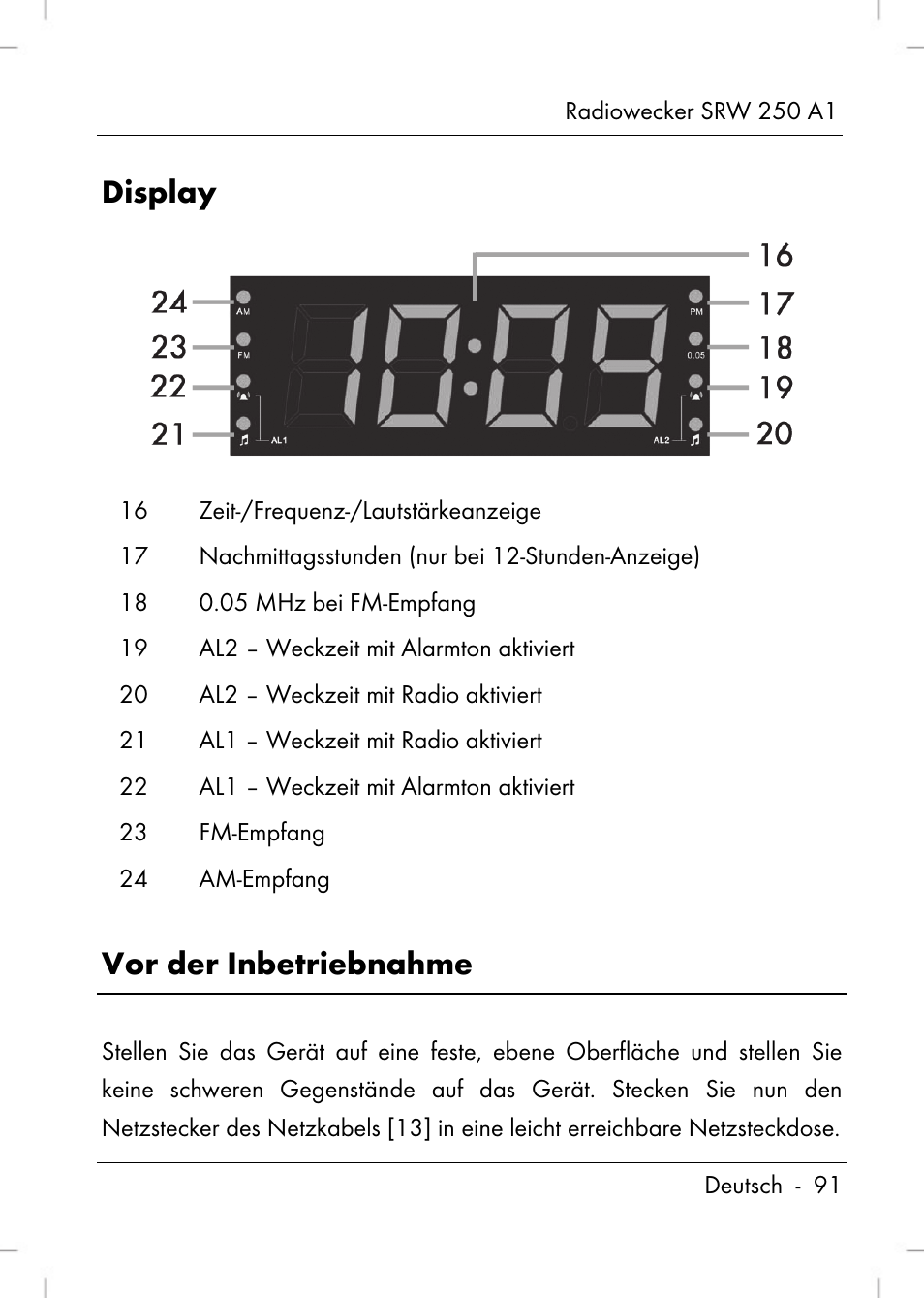 Display, Vor der inbetriebnahme | Silvercrest SRW 250 A1 User Manual | Page 93 / 108