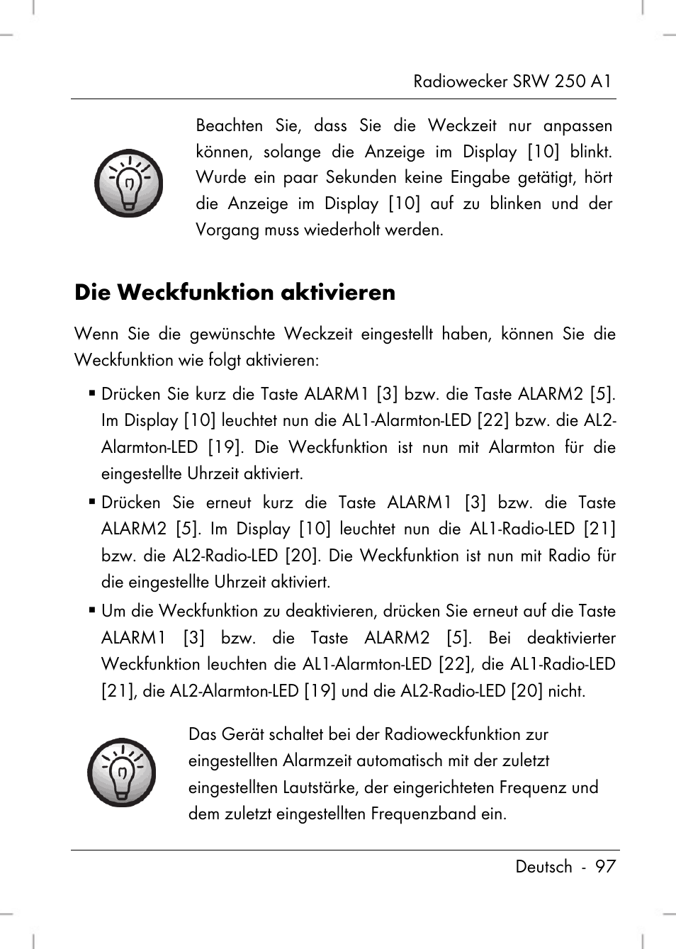 Die weckfunktion aktivieren | Silvercrest SRW 250 A1 User Manual | Page 99 / 108